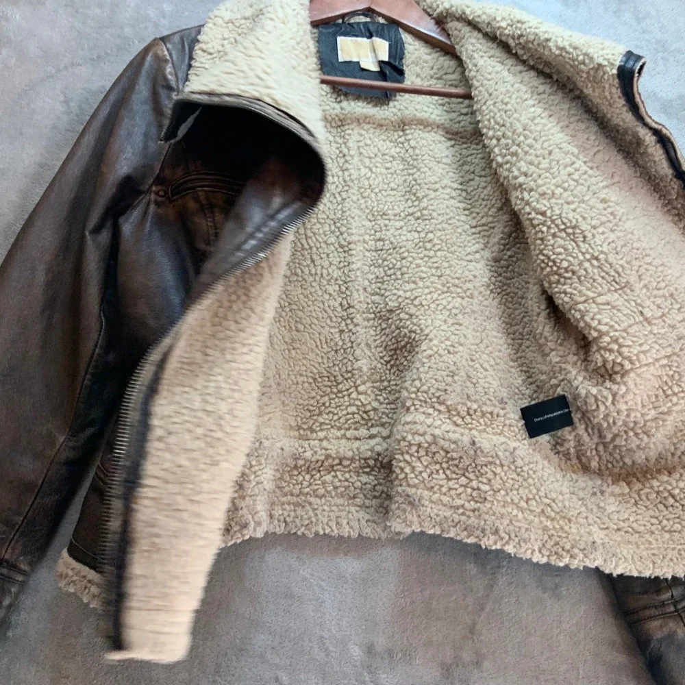 Michael Kors Womens Brown Leather Faux Fur Shearling Moto Aviator Jacket Large